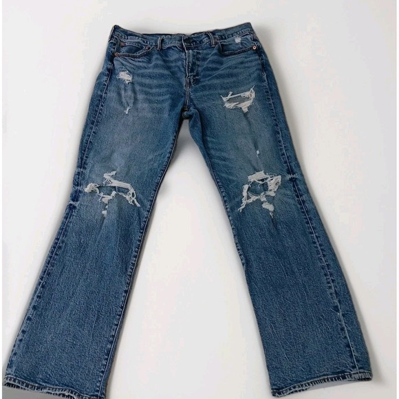 American Eagle Flex Jeans Men 36 X 34 Mid Wash Straight Leg Distressed Destroyed - Picture 1 of 13